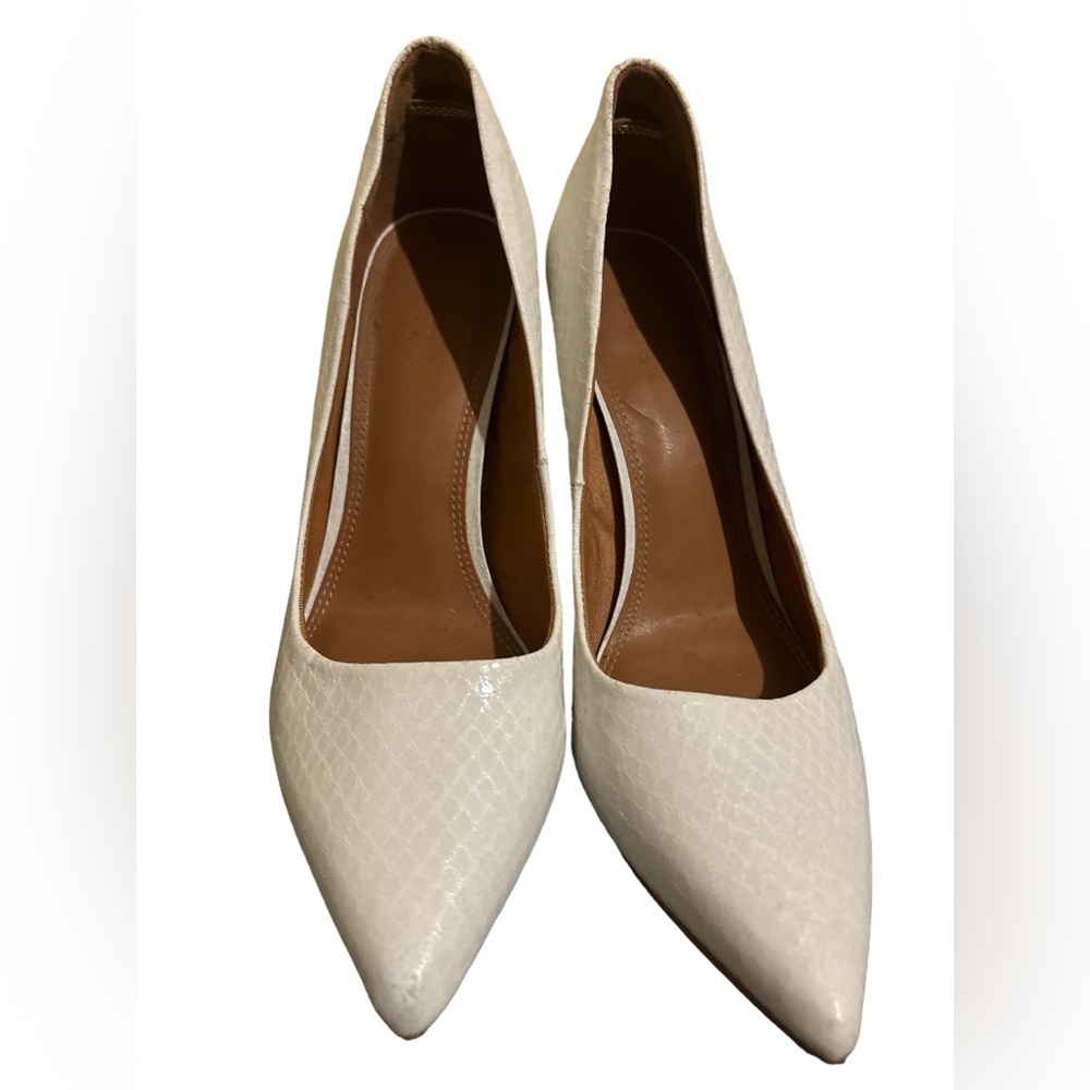 White faux croc pumps